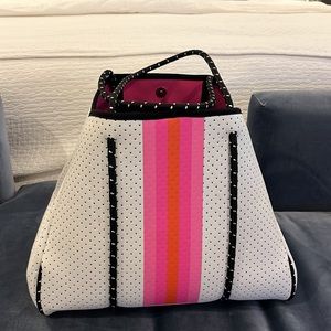 White and pink stripe neoprene tote